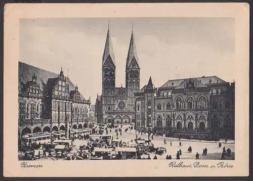 Bremen 5, Karte 7.12.45 nach Dresden mit 3(2) Pf. AMP deutscher Druck, Ak Rathaus Dom und Börse