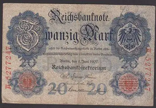 Reichsbanknote 20 Mark vom 19.2.1914 - Rosenberg 47, Starke Gebrauchsspuren