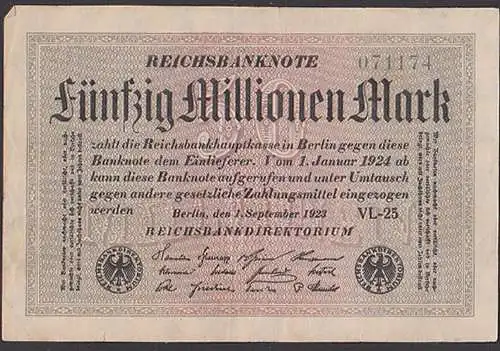 Reichsbanknote 50 Millionen - Rosenberg 108 mit FZ: VL-25, Germany
