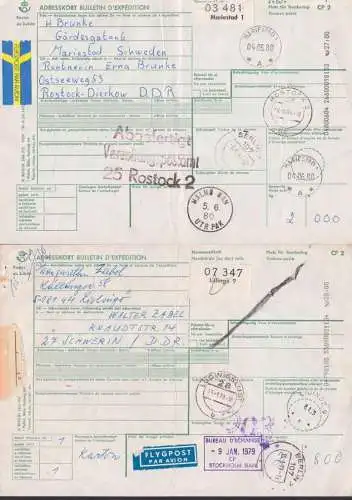 Mariastad, Lidingö  Bulletin AFS, d` expedition, 2 cards to Germany, colis fragile"  Rostock, Verzollungs-PA