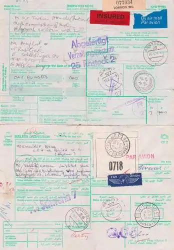 London insured, Bulletin d` expedition, card to Germany, Verzollungspostamt Rostock, Algerien BOUIRA RP