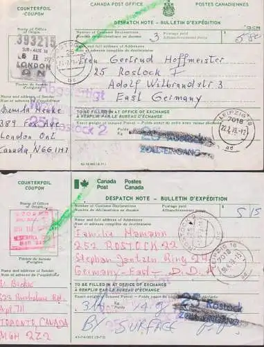 Torondo , London Ontario Canada  Bulletin d` expedition, 2 cards to Germany, Verzollungspostamt Rostock