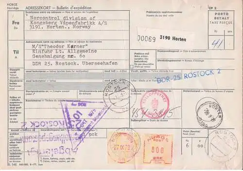 Horten Bulletin d` expedition, card to Germany, Verzollungspostamt Rostock, 1979