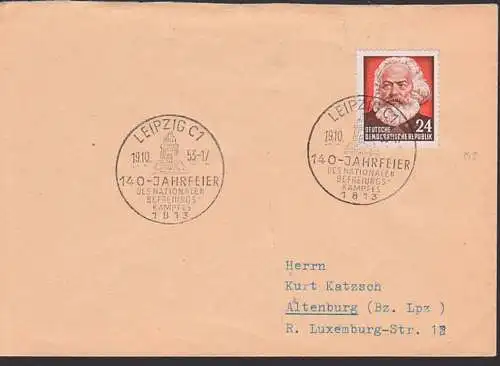 Leipzig SSt 140 - Jahrfeier nationale Befreiungskampf Völkerschlachtdenmal 19.10.53, 24 Pfg. Karl Marx, ohne Abs.-Klappe