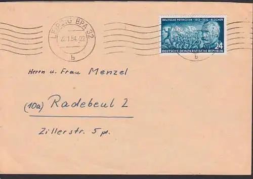 Deutsche Patrioten Fürst Blücher 24 Pfg.  DDR 401, MWSt. Leipzig 22.1.54