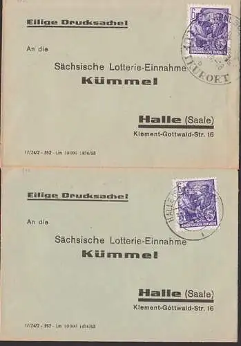 Eilige Drucksache zwei Bfe mit 6 Pfg. Fünfjahrplan II DDR 407 an Lotterie-Einnahme Kümmel Halle