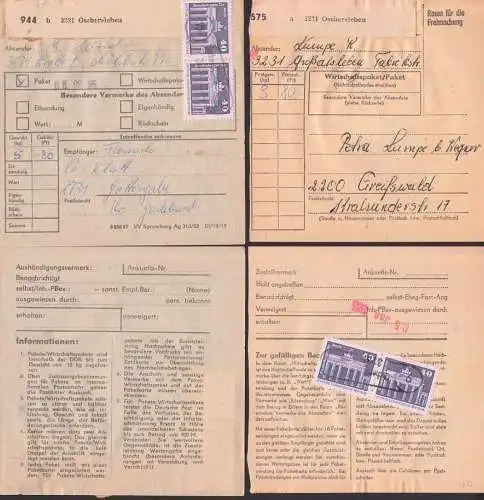 Oschersleben Paketschein PSSt. 18 Krottof, 9 Großalsleben, je 40 Pfg. Brrsndenburger Tor Berlin DDR 2541(2)