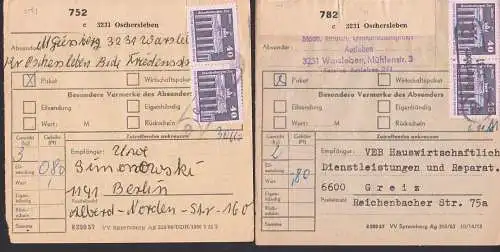 Oschersleben Paketschein PSSt. 29 Warsleben, je 40 Pfg. Brrandenburger Tor Berlin DDR 2541(2)