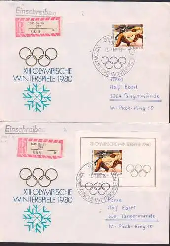 Olympische Winterspiele 1980 Block und Marke aus Block je auf R-Bf DDR 2482, Bl. 57