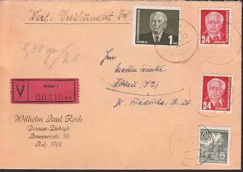 Dessau Wertbrief  frankiert mit 1 DM Wilhelm Pieck und 24 Pfg. (2) bzw. 20 Pfg.  5-Jahrplan
