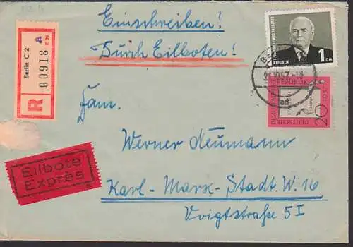 Berlin C2, R-Ei-Brief frankiert mit 1 DM Wilhelm Pieck und 20 Pfg. Sparwoche portogenau, geprüft DDR 342 bbII WZ 2X II