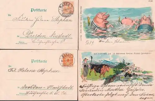 HANSA Dresden zwei Glückwunschkarten mit Privatpostmarken 3 Pfg. lustige Tiermotive vom Bauernhof