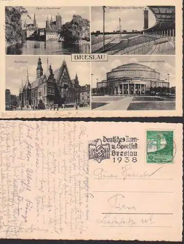 Breslau Deutsches Turn- und Sportfest 1938, MWSt. 26.7.38 auf passender Sondermarke, 4-Bilder-Ak