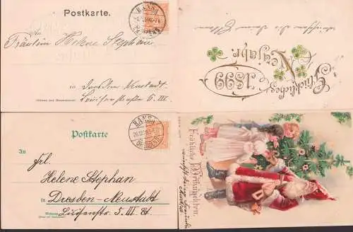 HANSA Dresden zwei Glückwunschkarten mit Privatpostmarken 3 Pfg. Bienenkorb, Weihnachtsmann, Glücksklee