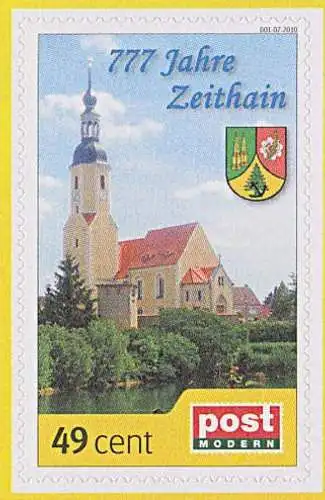 Zeithain Sachsen **, Postmodern Privatpost Wunschbriefmarke 001-07-2010, Kirche,  777 Jahre Wappen