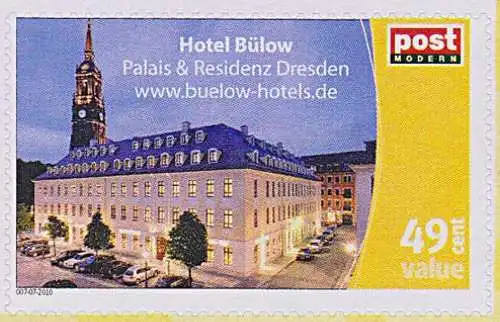 Dresden 3-Königskirche, Hotel Bülow Königstraße **, Postmodern Privatpost Wunschbriefmarke 007-07-2010