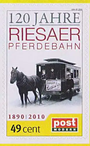 Riesa Pferdebahn 1890 - 2010, horse, Pferd Straßenbahn Privatpostmarke Postmodern, ungebraucht