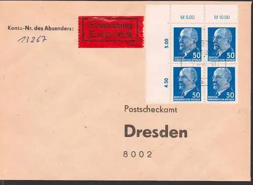 Postsache Ulbricht, Walter lo. Eckrand-Viererblock mit zwei Typenpaaren DDR 937 I/II (2) auf Eil-Sendung