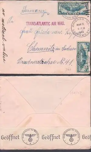 Chigago Ill Logan SQ. STA,  5. März 1949, 30 Cents (2) nach Deutschland mit Zensur Oberkommando