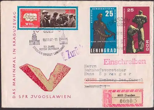 Dresden SSt. 50 Jahre Roter Oktober, R-Brief mit zurück-Vermerk Mahn- und Gedenkstätte Leningrad, W. Ulbricht