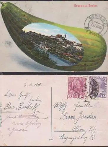 Znaim, Znojmo die Gurkenstadt 7. VIII 1910, nach Wien, Gurke mit Stadtansicht