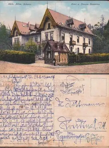 Böhmische Schweiz Rainwiese Hotel und Pension 1943 mit Haltestellenschild, Wartehäuschen