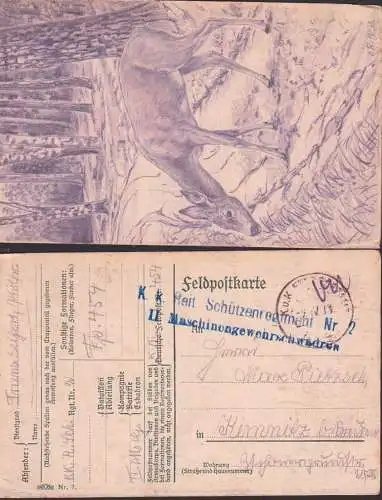 Feldpostkarte  Z2 K. k. S chützenregiment Nr. 2, II . Maschinengewehrschwaderr , Bleistiftzeichnung Reh, signiert