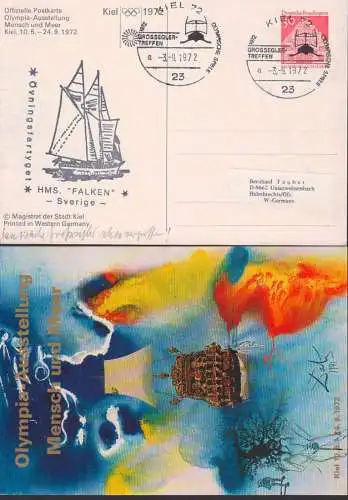 Kiel Gross-Segler Treffen 1972, offitzielle Postkarte  Olympia-Ausstellung Mensch und Meer, Cachet HMS "Falken"