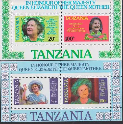 Tanzania Tansania Queen Elibath zwei Blöcke **, in Honour on her majesty and the Queen mother