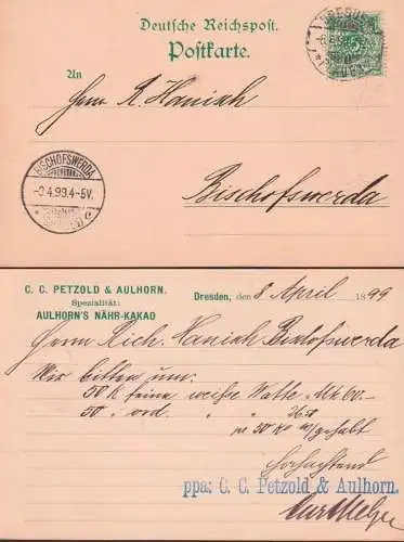 Perfin "P&A" Dresden Plauen C. C. Petzold & Aulhorn, Aulhorns Nähr-Kakao 8.4.1899