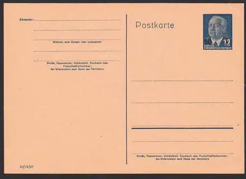 Germany east DDR P62  10 auf 12 Pfg. Wilhelm Pieck GA-Karte ungebraucht