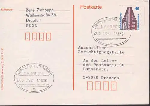 Ludwigslust - Stralsund Bahnpost-St. Zug 02231 auf "Anschriftenberichtigungskarte" 17.12.91