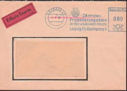 Leipzig AFS in blau Zentrales Projektierungsbüro, Eilboten-Bf 11.7.56, Dienstpostsendung