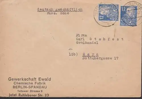 Berlin-Spandau 12 Pfg. Friedrich Engels (2) Fernbrief aus Berlin West Vorläufer, Chemische Fabrik nach Gera, 1.11.48