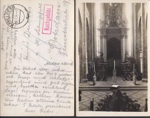 Havelberg 8.7.54 nach Potsdam mit Nachgebühr, weil ohne Marke aufgegeben, Foto mit Kirchenaltar