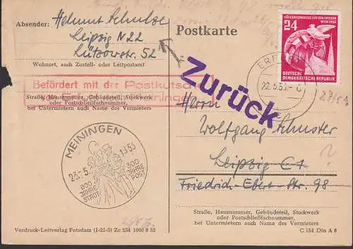 Erfurt Sonderbeförderung mit Postkutsche nach Meingen 22.5.53, SSt. 800 Jahre Stadt, mit zurück, Kte links beschädigt