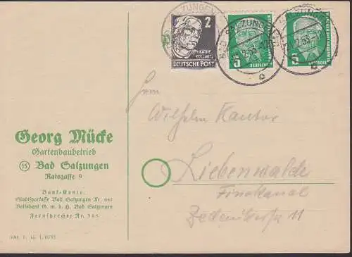 Bad Salzungen Fernkarte mit 5 Pfg. Wilhelm Pieck(2) und 2 Pfg. K. Kollwitz 24.2.53