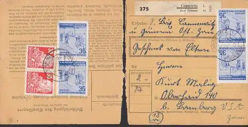 Cannewitz üb. Grimma, Paketkarte mit 35 Pfg. Radfernfahrt DDR 356(4) und 30 Pfg. Fr. Engels (2) nach "USA-Zone"