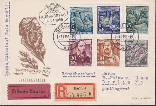 Friedrich Engels R-Eil-Brief DDR 585/90A, St. Berlin 7.11.55