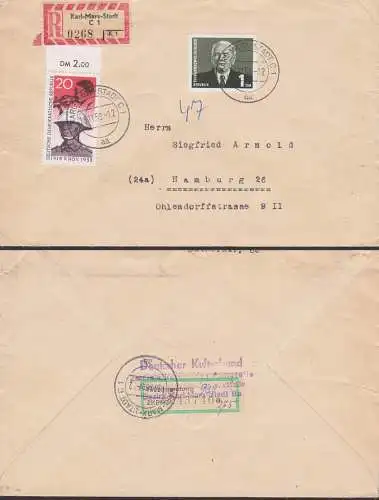 Karl-Marx-Stadt R-Brief 13.11.58 mit DDR 662 und 1 DM Wilhelm Pieck nach Hamburg, rs Tauschmarke Kulturbund