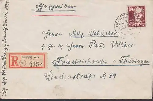 Leipzig W7, R-Brief mit 84 Pfg. August Bebel