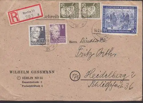 Berlin NO 55 mit R-Zettel von Berlin 71, R-Brief mit 50 Pfg. Messe und 25 Pfg. Vierchow(2), portogenau Doppel-Bf