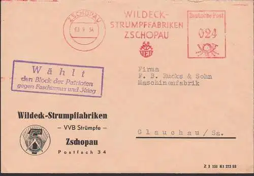 Zschopau AFS Wildeck-Strumpffabriken mit Propagandastempel R3 Wählt den Block der Patrioten gegen Faschismus und Krieg