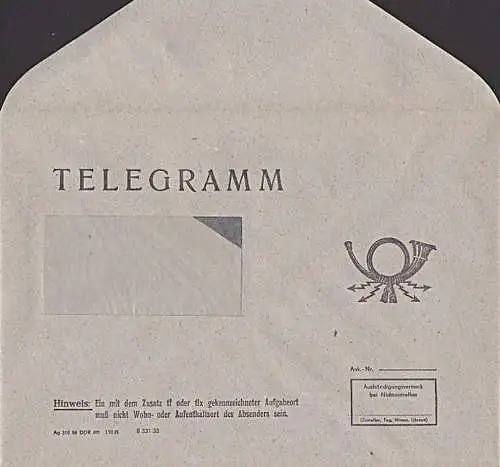 Telegramm Umschlag ungebraucht ohne Druckvermerk ca. 1984  bzw. 1986, Posthorn, DDR, Germany