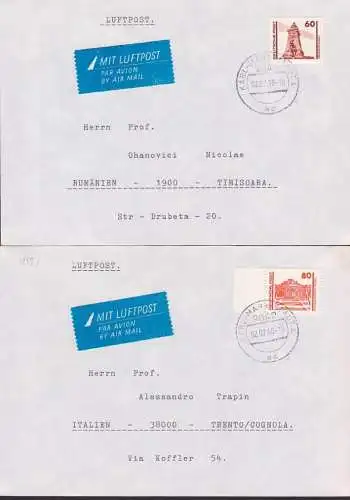 Karl-Marx-Stadt zwei Luftpostbriefe mit den neuen DM-Marken Kyffhäuser, Sanssouci vom 2.7.90