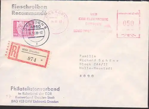 Dresden AFS =050= VEB EAW Elektronik 14.11.88 R-Brief mit Zusatzfrankatur 20 Pfg. - portogenau -