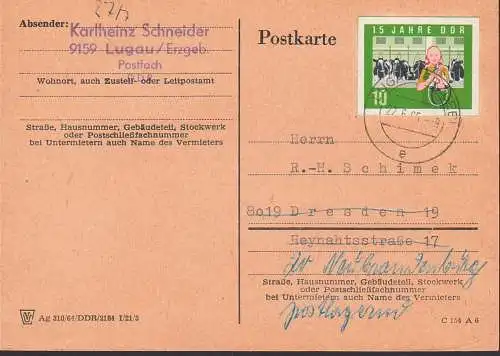 Lugau mit 1 Wert aus DDR-Großblock 15 Jahr DDR, Karte mit DDR 160 B Melkerin Milchviehanlage, portogenau