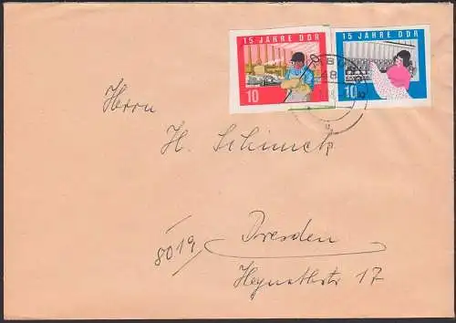 Naumburg mit 2 Werten aus DDR-Großblock 15 Jahre DDR, Brief mit Chemiearbeiter, Webstuhl, portogenau