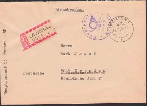 Weimar Postsache 17.2.69 R-Bief nach Dresden Briefst. Deutsche Post