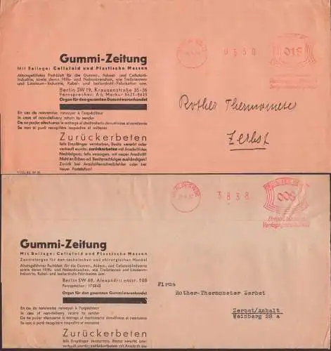 Berlin SW68, SW19, zwei Streifbandsendungen Gummi-Zeitung